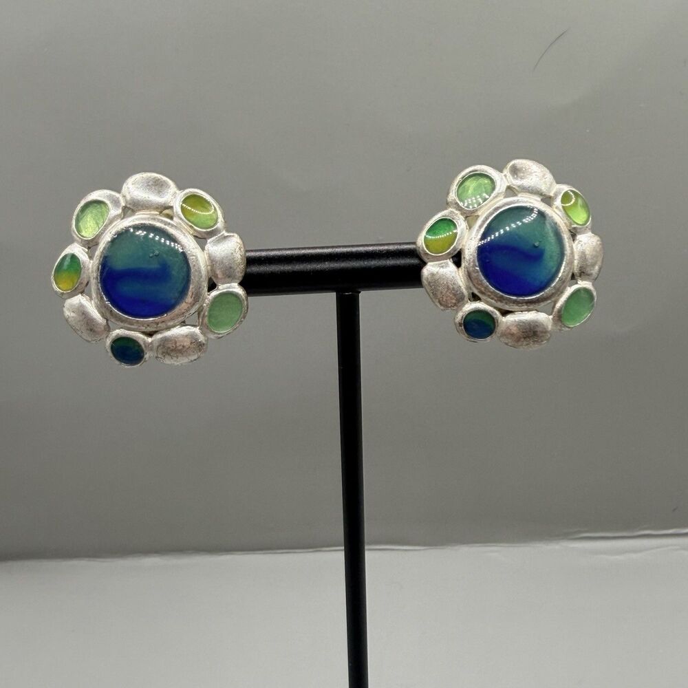 VTG Anne Klein Round Western Boho Clip On Earrings Silver Tone Floral Blue Green